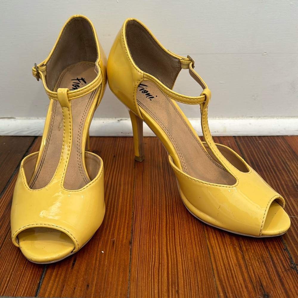 Yellow Patent Leather T-Strap Heels